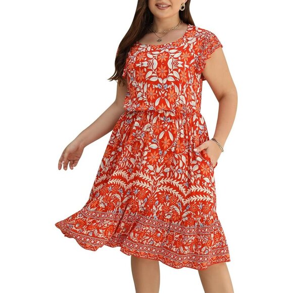 Other - Plus Size Wedding Guest Midi Dress Floral Tiered Boho Sundress with Pockets
